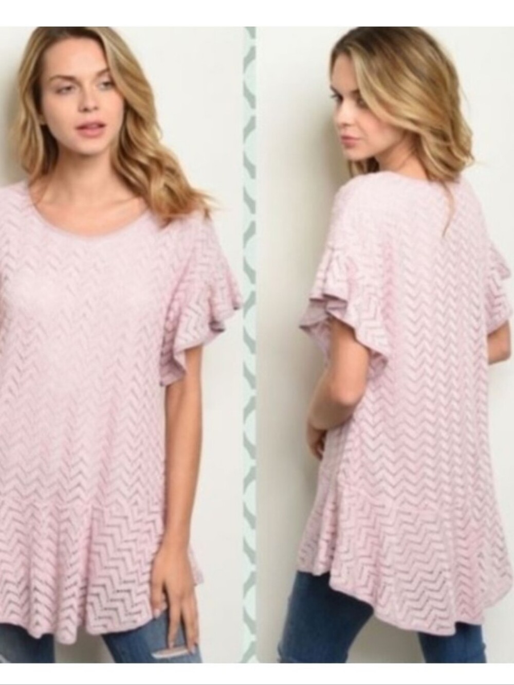 entro Blush Pink Chevron Knit Tunic with Flutter Sleeves